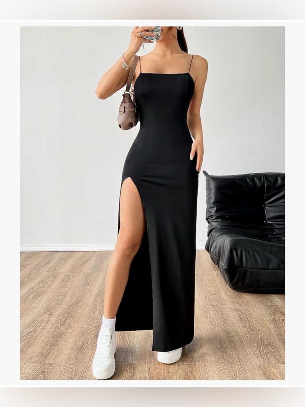 Classic Black Maxi Dress with Spaghetti Straps and Thigh Split